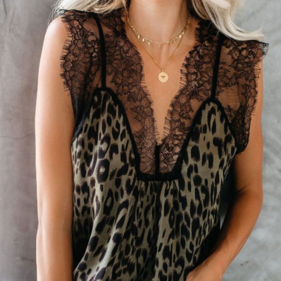 Leopard Print Contrast Lace Tank - Picture 1 of 1